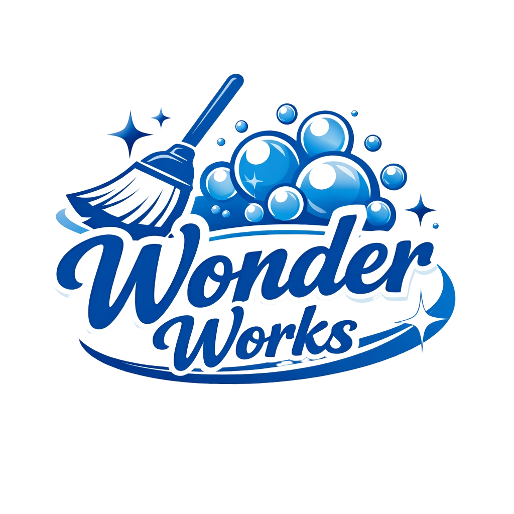 Wonder Works Cleaning logo — broom, bubbles and sparkles